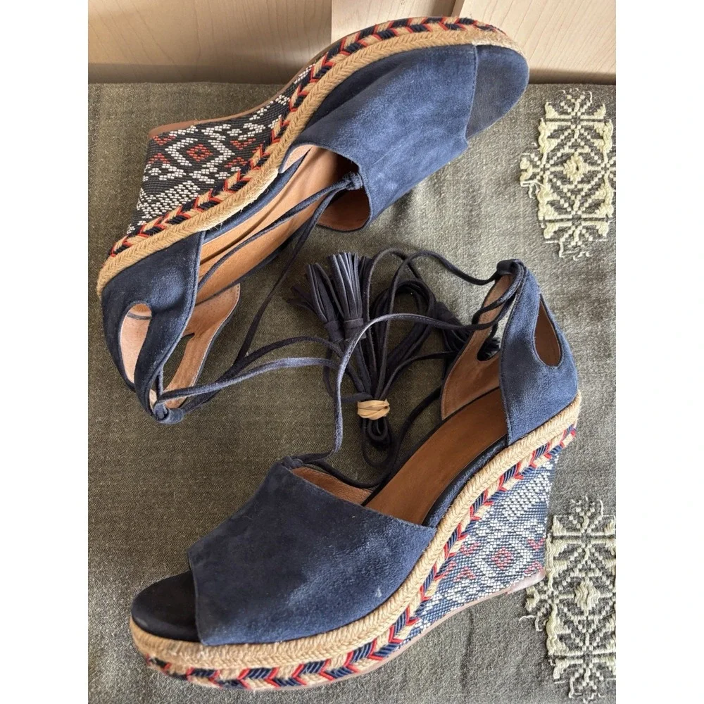 Cabi Isla Blue Suede Aztec Espadrille Wedge Heel Tie Up Womens‎ Sz 7M #6001